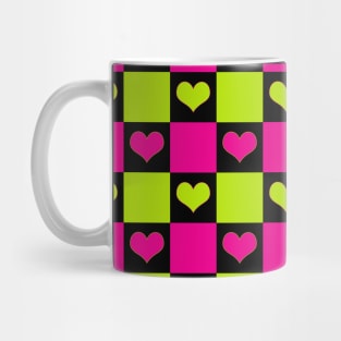 Checkerboard Hearts in Lime Green, Hot Pink and Black Mug